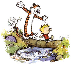 Calvin and Hobbes balancing on a trunk